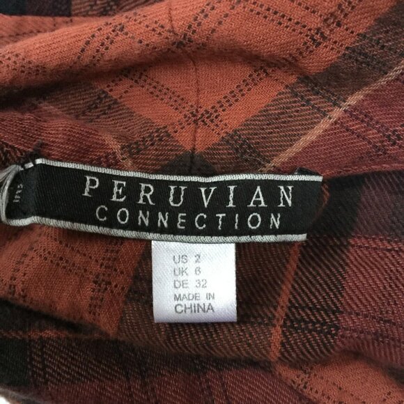 Peruvian Connection Womens Long Sleeve Plaid Top Sz 2 Button Ruffle Bow Neck Red - Picture 3 of 10